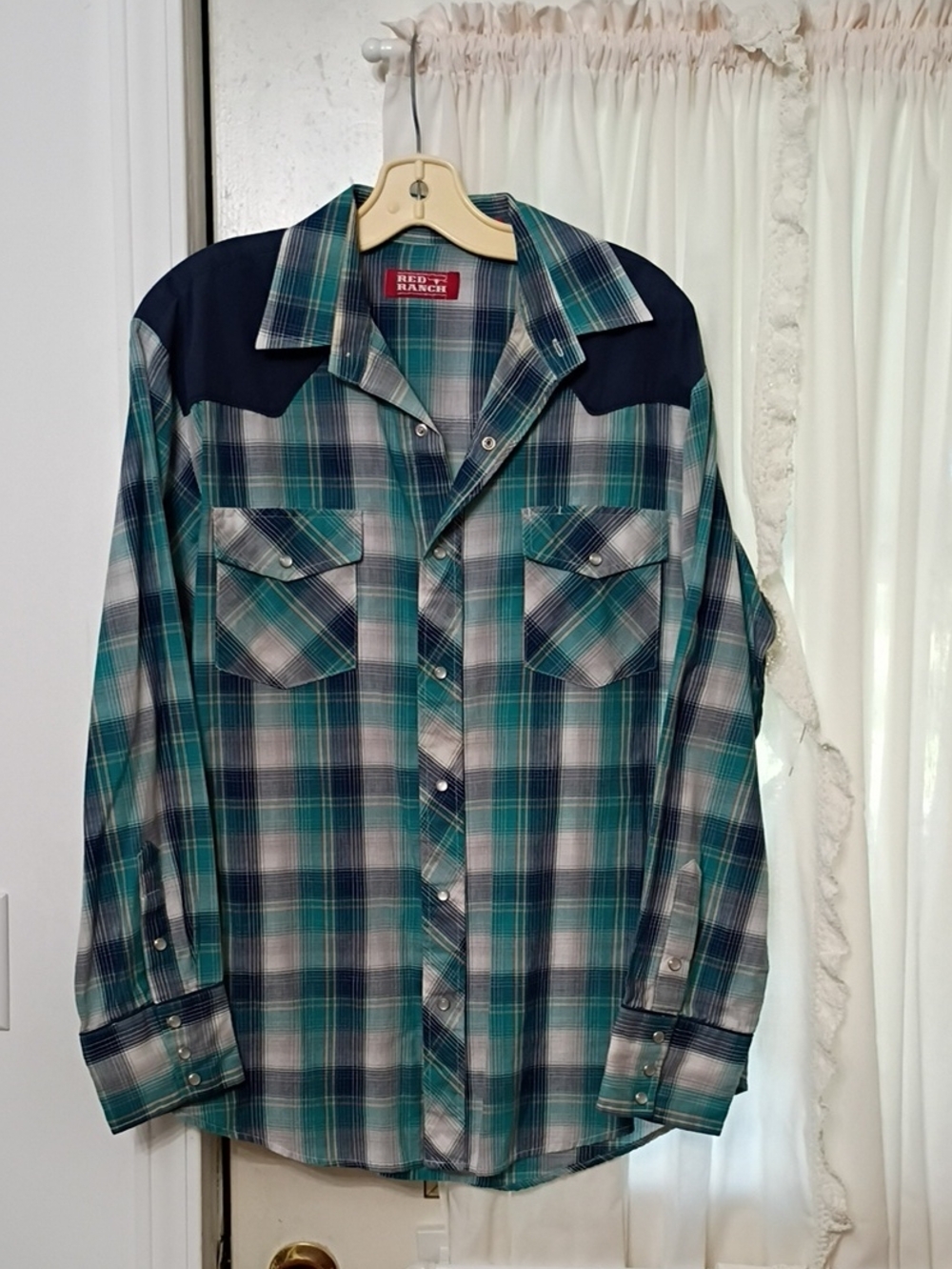 Red Ranch Teal Plaid Western Button-Down Pearl Snap Shirt